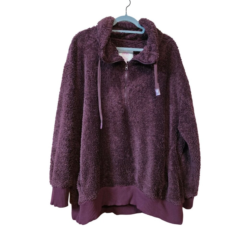 Womens Purple Burgundy Sherpa Quarter-Zip Pullover Jacket Coat